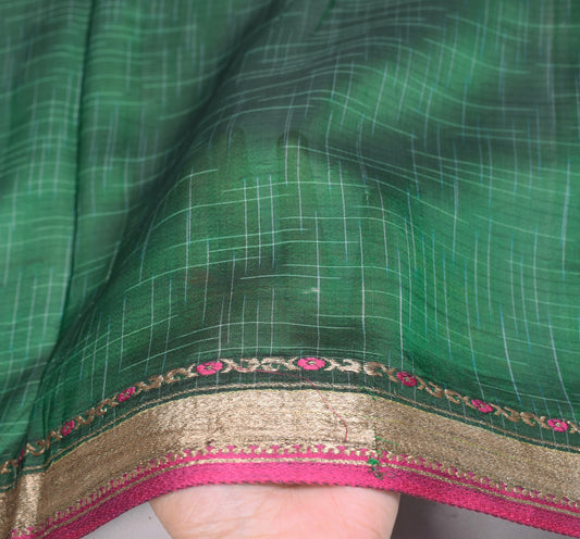 Sushila Vintage Green Sari Remnant Scrap Hand Woven Pure Silk Craft Soft Fabric