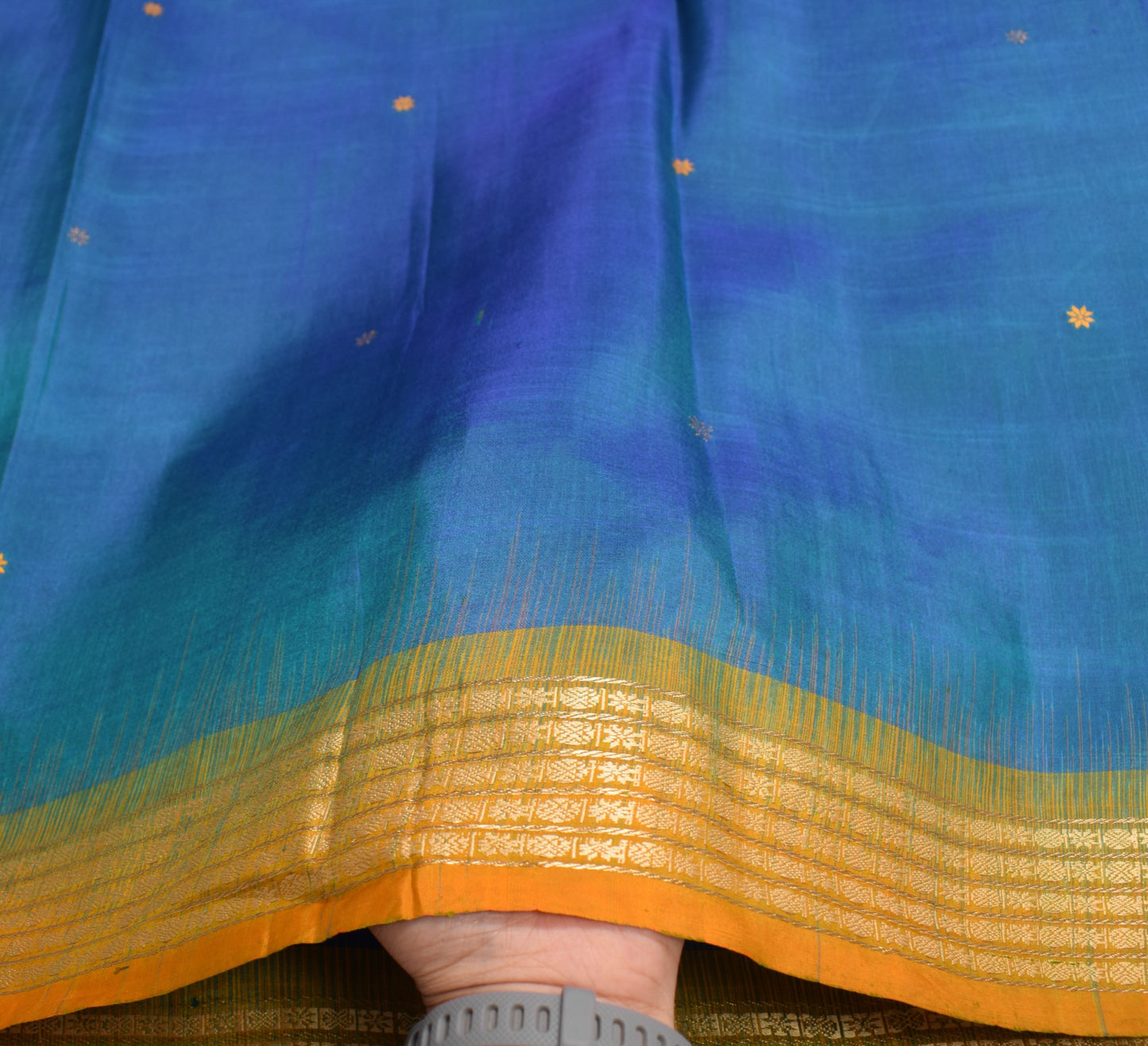 Sushila Vintage Blue Sari Remnant Scrap Dual Tone Pure Silk Woven Craft Fabric