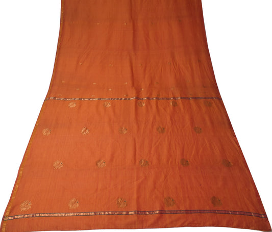 Sushila Vintage Orange Sari Remnant Scrap Woven Pure Cotton Silk Craft Fabric