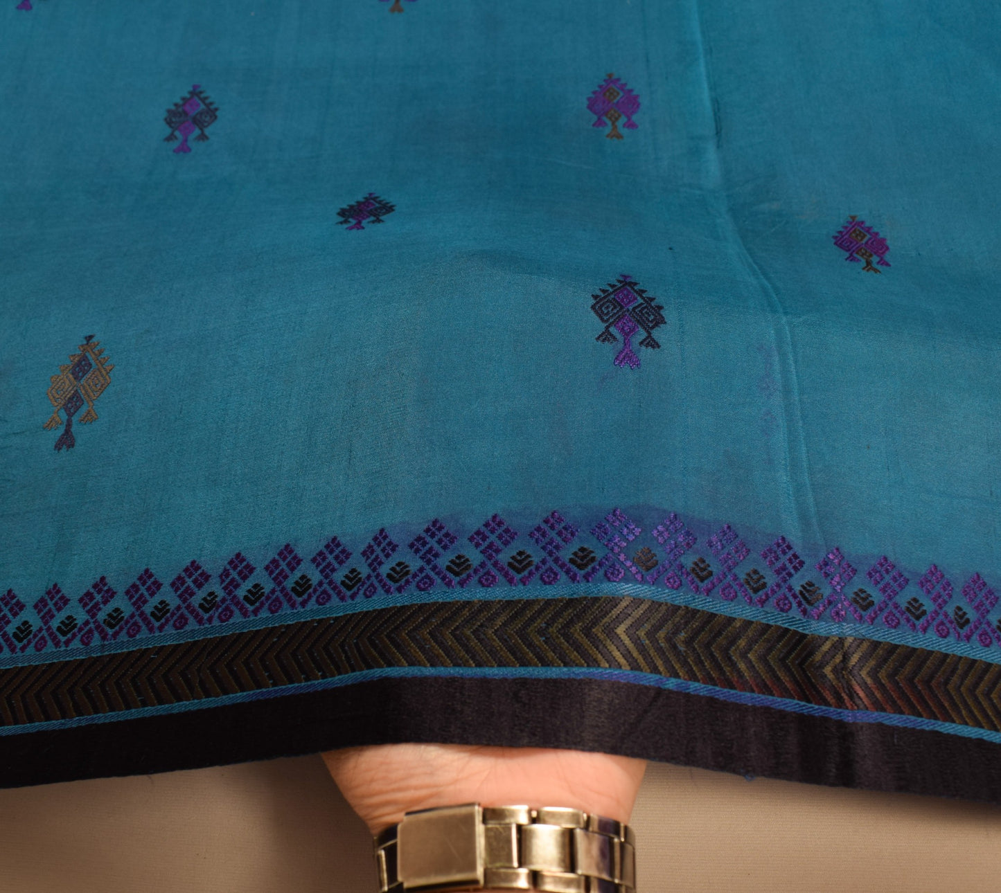 Sushila Vintage Teal Blue Sari Remnant Scrap Woven Pure Silk Soft Craft Fabric