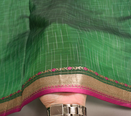 Sushila Vintage Green Sari Remnant Scrap Hand Woven Pure Silk Craft Soft Fabric