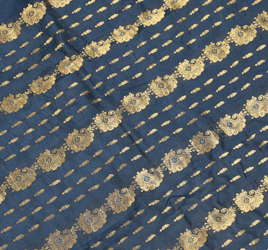 Sushila Vintage Blue Sari Remnant Scrap Zari Brocade 100% Pure Silk Craft Fabric