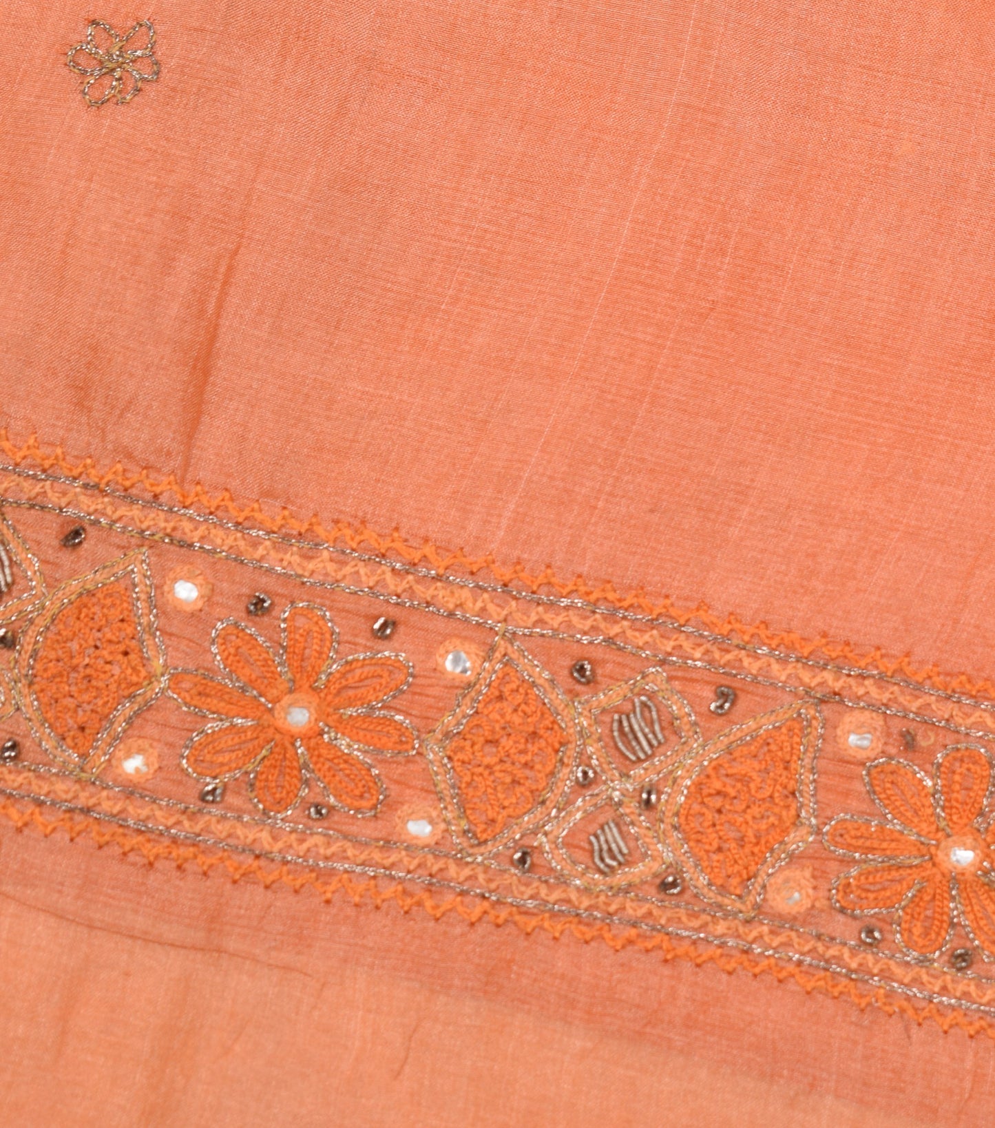 Sushila Vintage Orange Sari Remnant Scrap Pure Silk Embroidered Craft Fabric