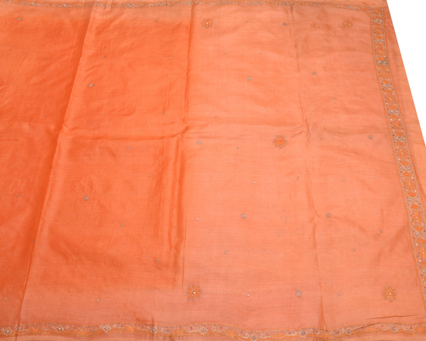 Sushila Vintage Orange Sari Remnant Scrap Pure Silk Embroidered Craft Fabric