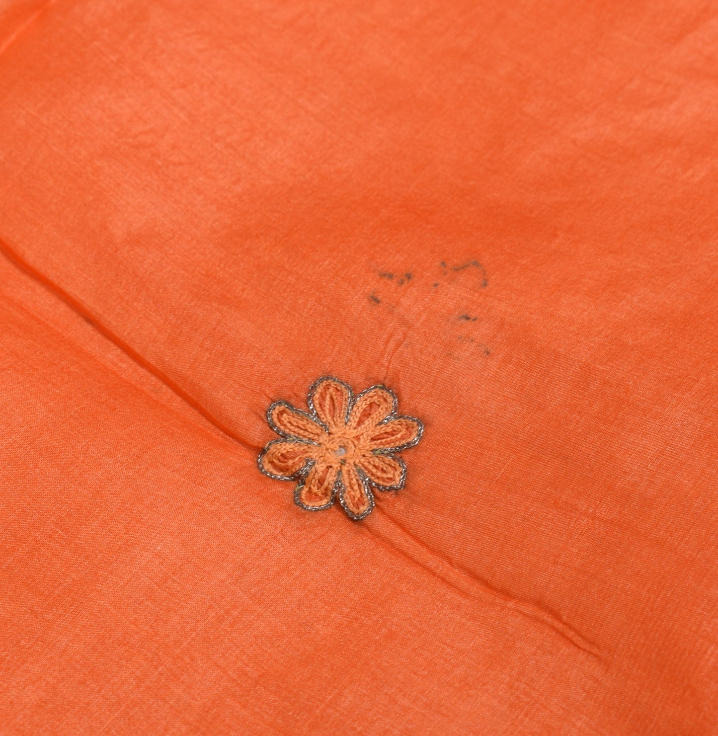Sushila Vintage Orange Sari Remnant Scrap Pure Silk Embroidered Craft Fabric