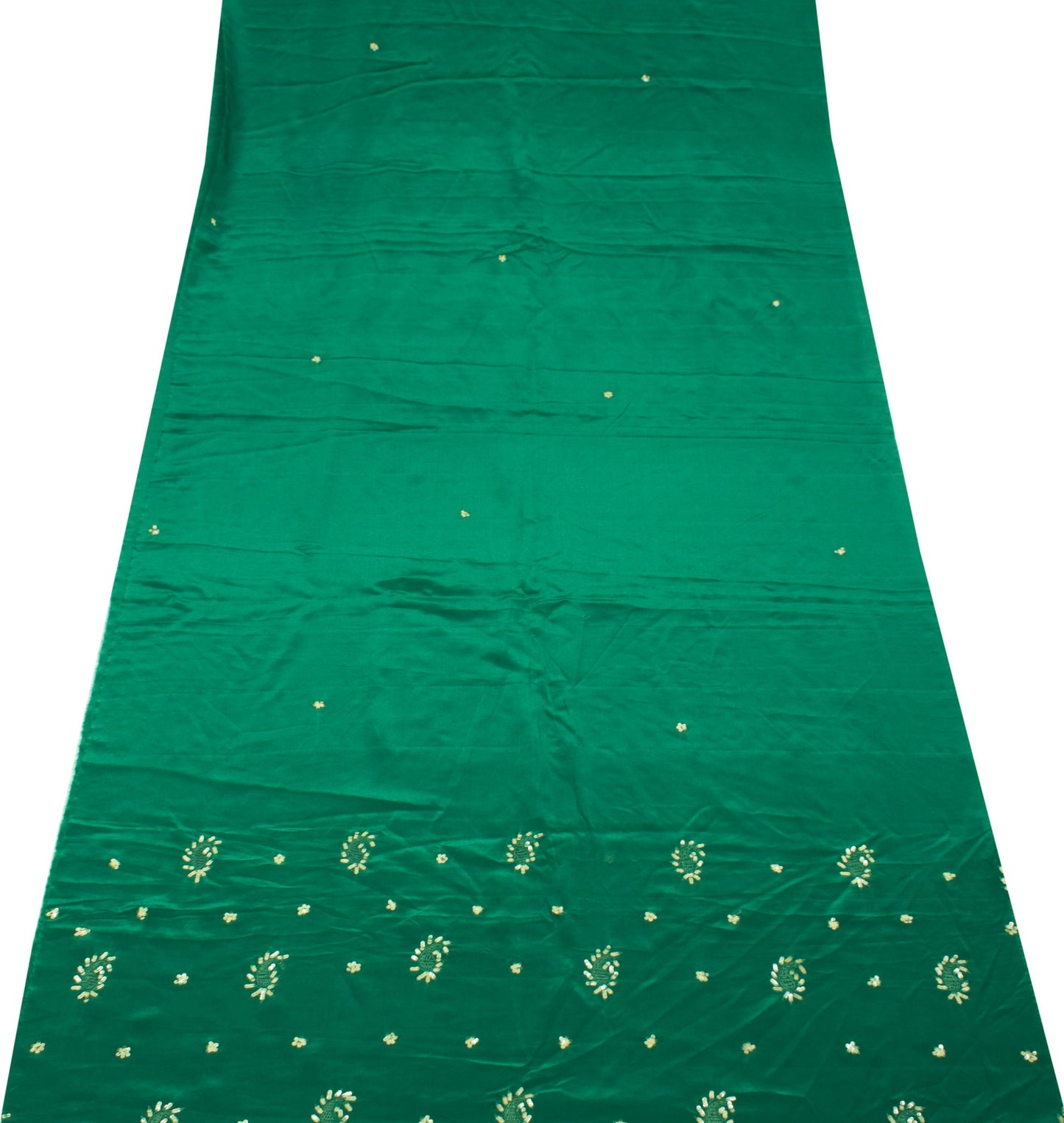 Sushila Vintage Green Sari Remnant Scrap Embroidery Pure Crepe Silk Craft Fabric