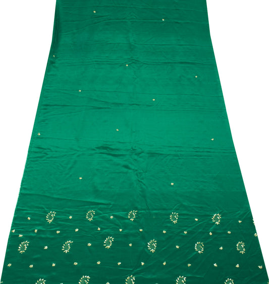 Sushila Vintage Green Sari Remnant Scrap Embroidery Pure Crepe Silk Craft Fabric