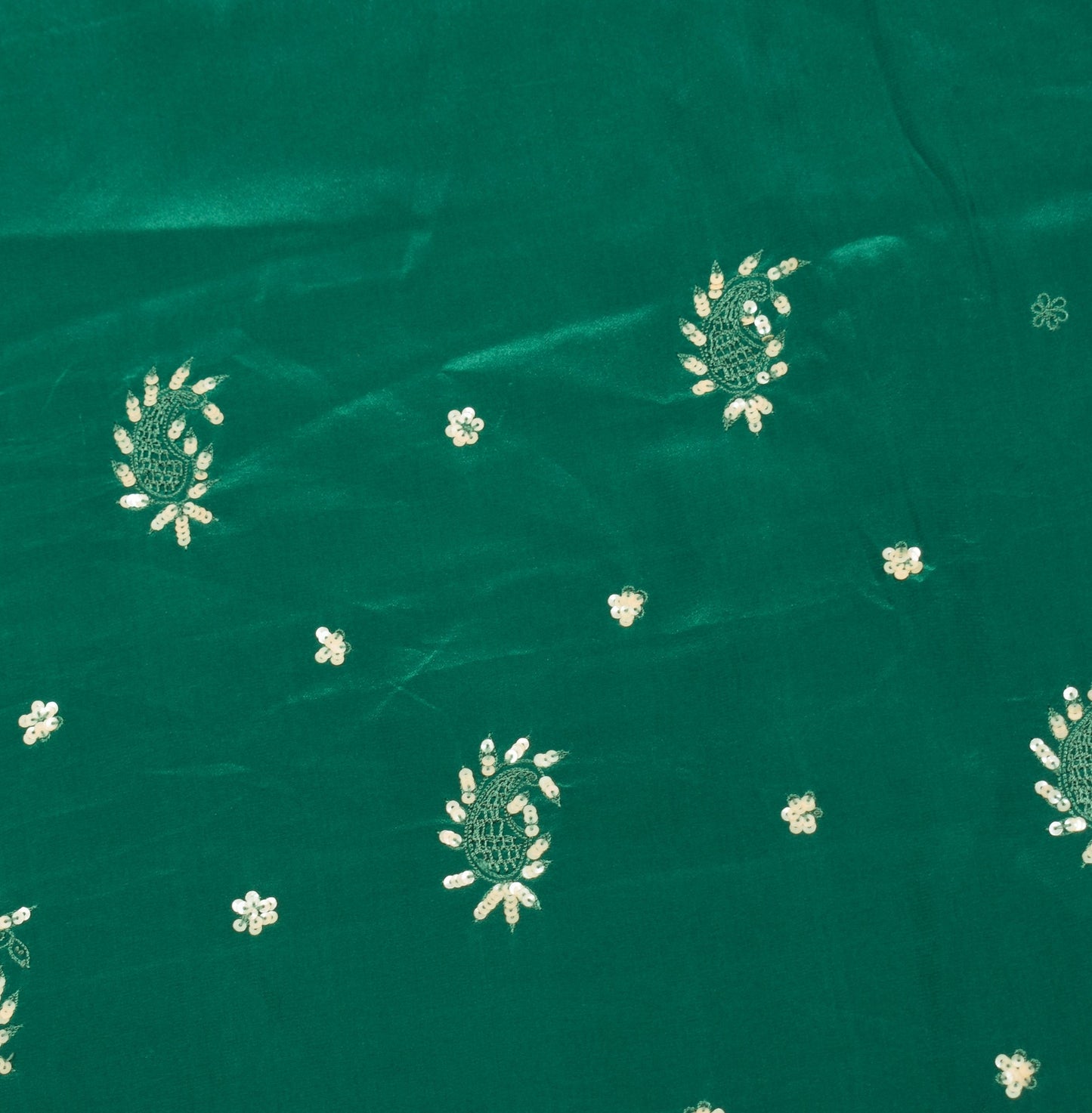 Sushila Vintage Green Sari Remnant Scrap Embroidery Pure Crepe Silk Craft Fabric