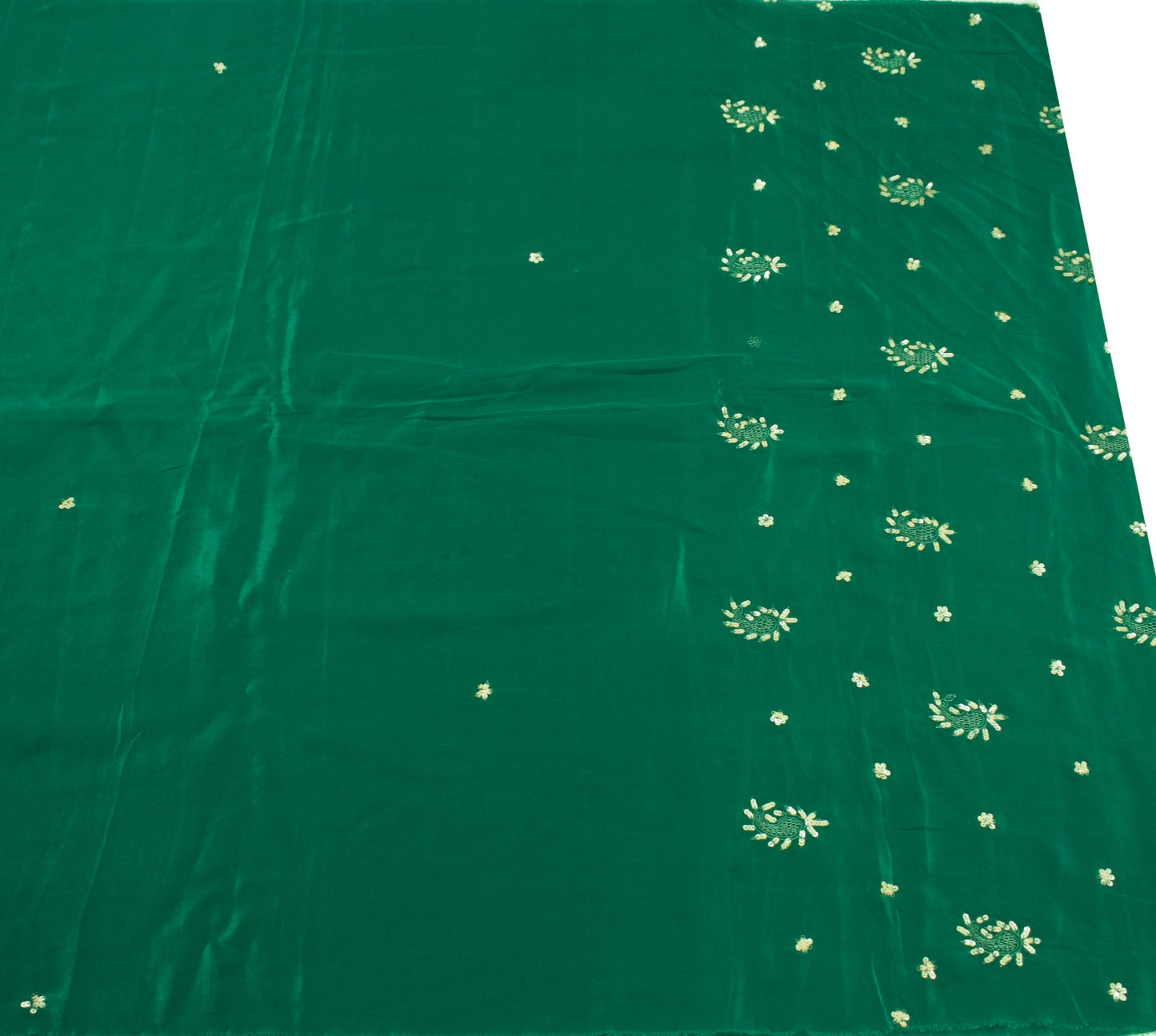 Sushila Vintage Green Sari Remnant Scrap Embroidery Pure Crepe Silk Craft Fabric