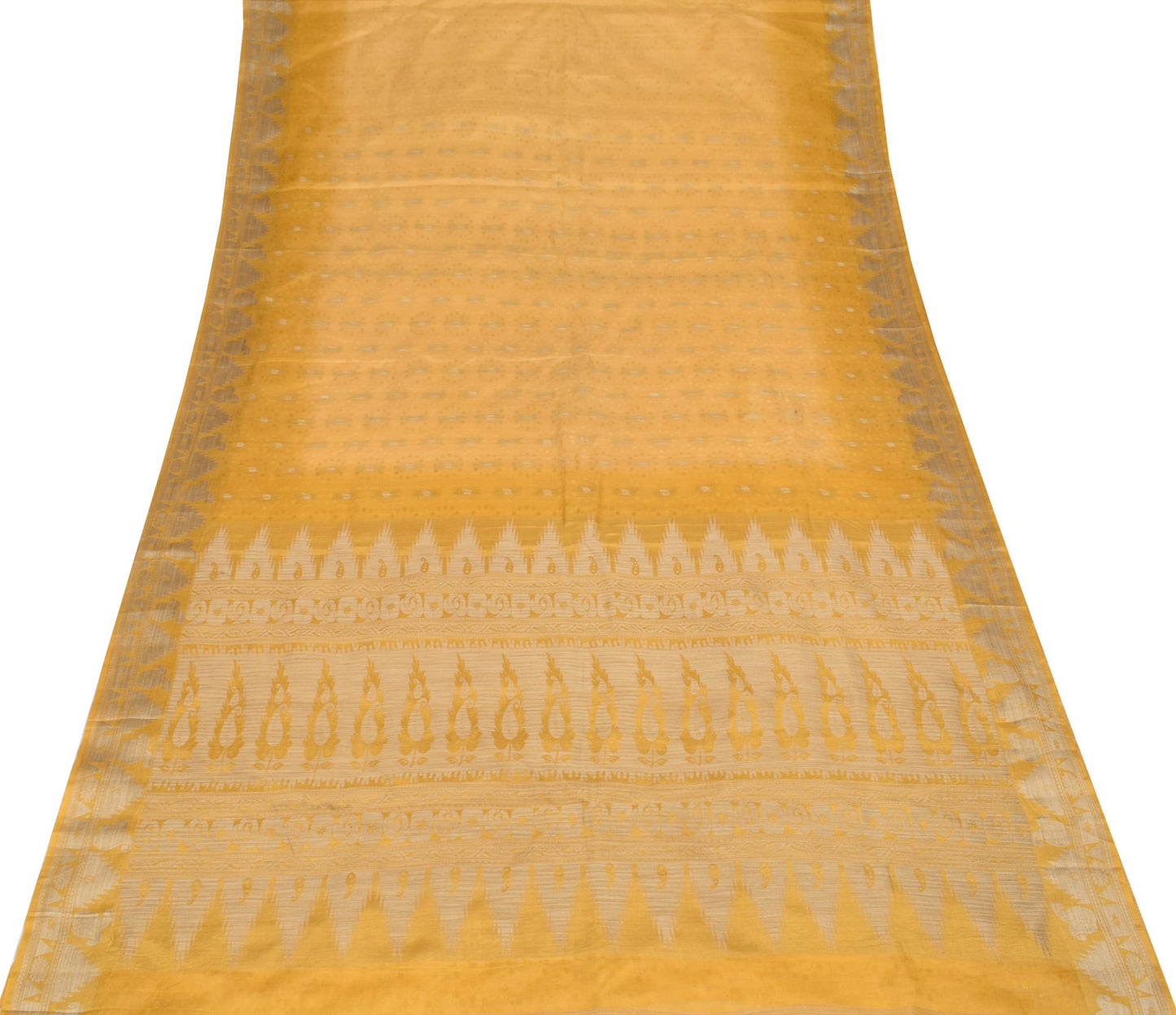 Sushila Vintage Yellow Sari Remnant Scrap Woven Leaves Pure Silk Craft Fabric