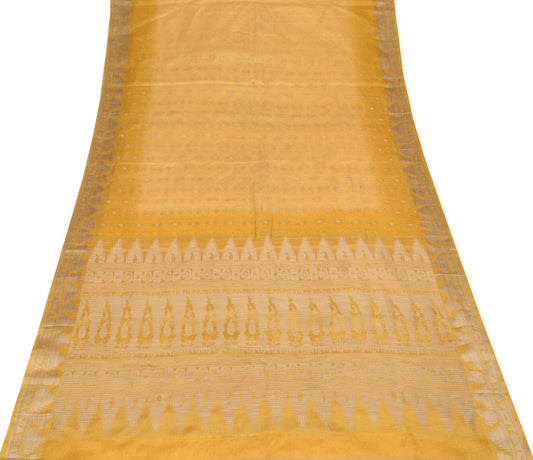 Sushila Vintage Yellow Sari Remnant Scrap Woven Leaves Pure Silk Craft Fabric