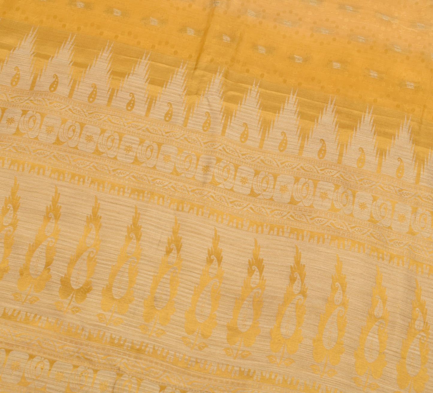 Sushila Vintage Yellow Sari Remnant Scrap Woven Leaves Pure Silk Craft Fabric