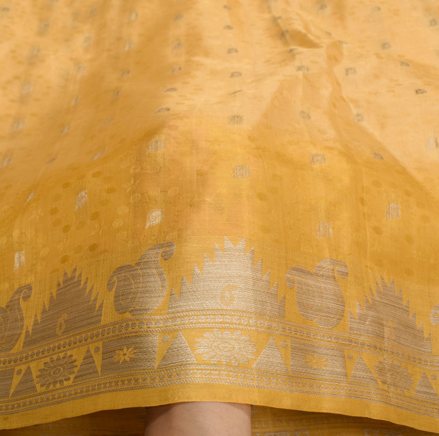 Sushila Vintage Yellow Sari Remnant Scrap Woven Leaves Pure Silk Craft Fabric