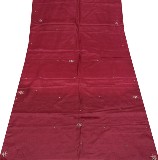 Sushila Vintage Maroon Sari Remnant Scrap Pure Tussar Hand Beaded Craft Fabric