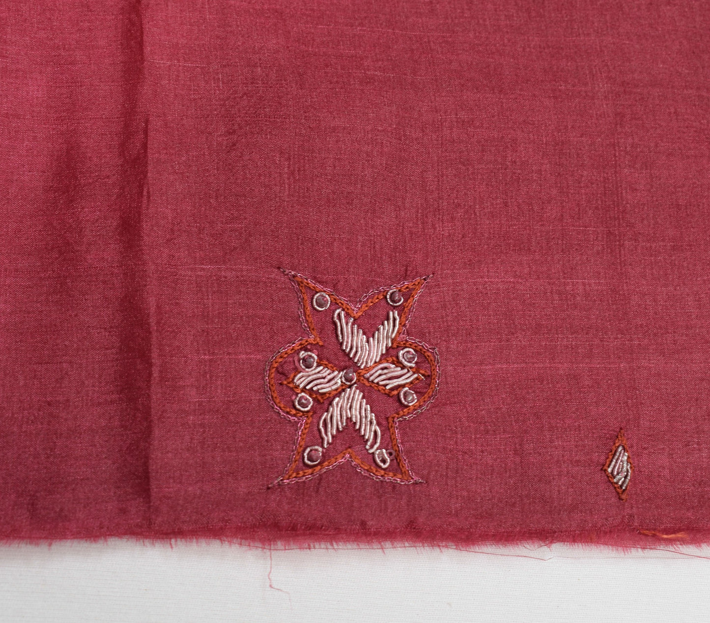 Sushila Vintage Maroon Sari Remnant Scrap Pure Tussar Hand Beaded Craft Fabric