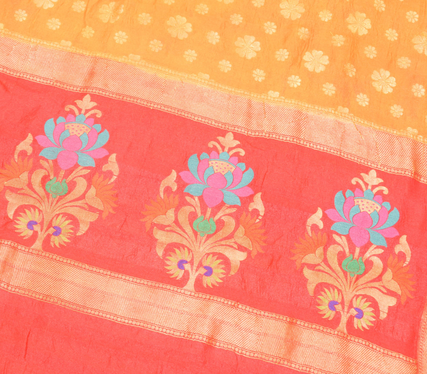 Sushila Vintage Yellow Sari Remnant Scrap Zari Brocade Pure Silk Craft Fabric
