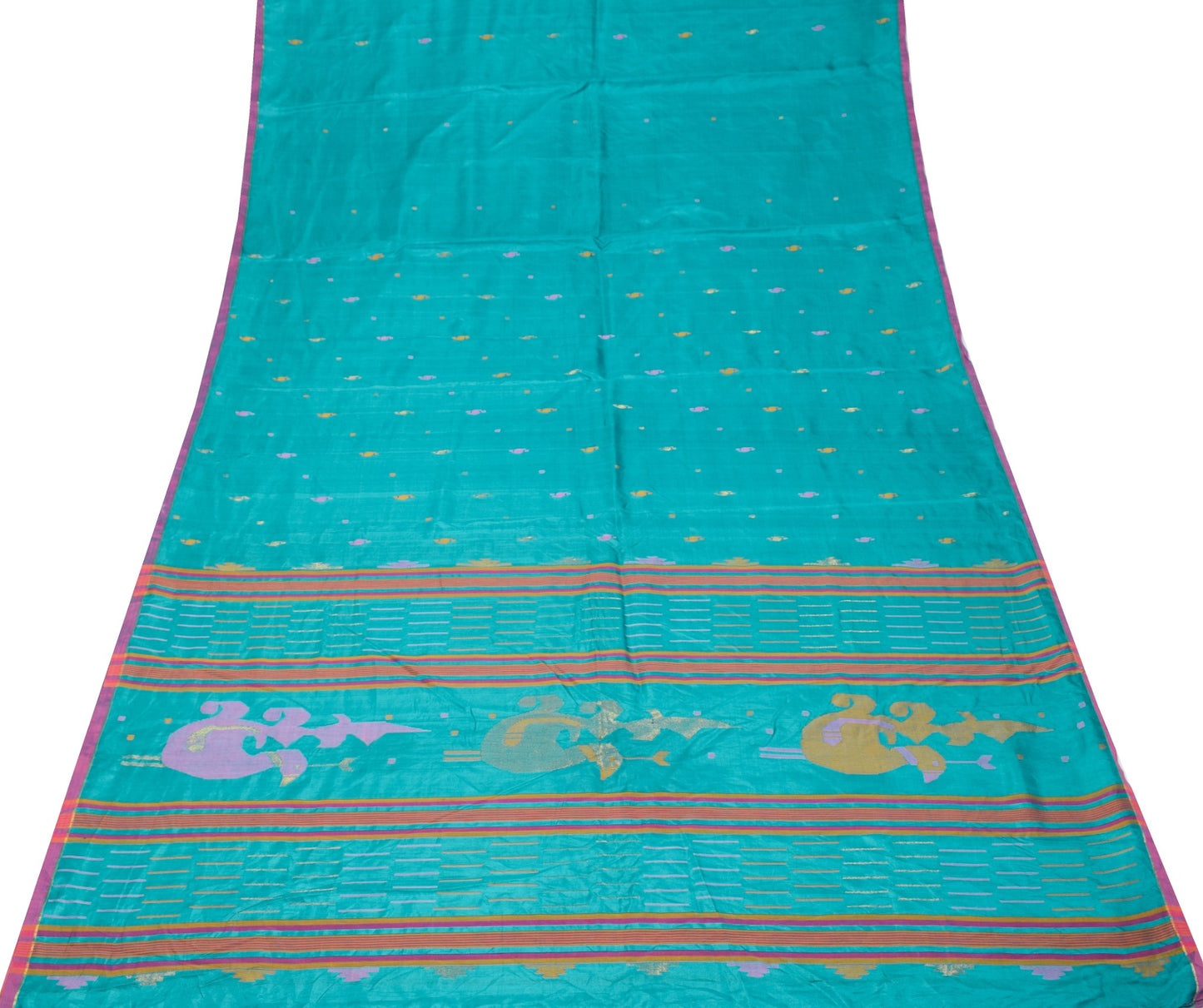 Sushila Vintage Tant Woven Sari Remnant Scrap Teal Blue Pure Silk Craft Fabric