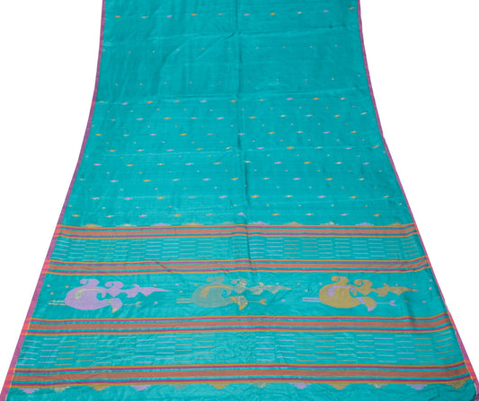 Sushila Vintage Tant Woven Sari Remnant Scrap Teal Blue Pure Silk Craft Fabric