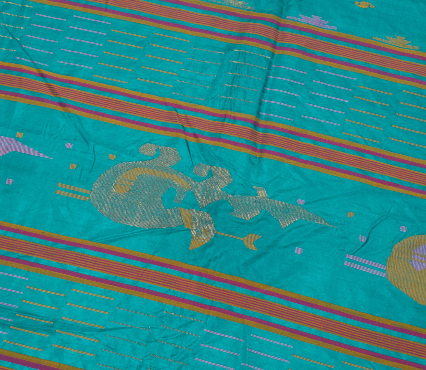 Sushila Vintage Tant Woven Sari Remnant Scrap Teal Blue Pure Silk Craft Fabric