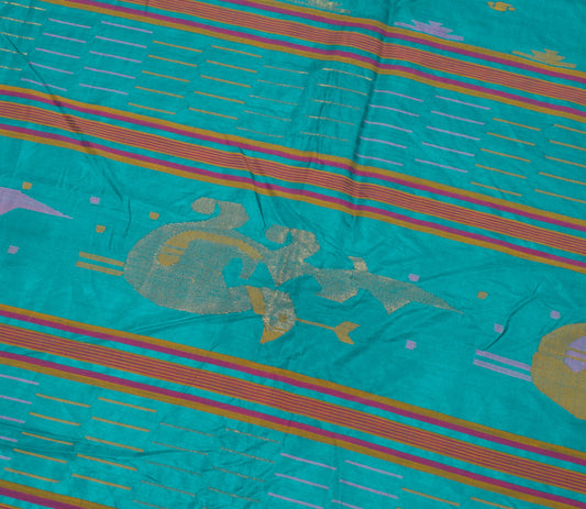 Sushila Vintage Tant Woven Sari Remnant Scrap Teal Blue Pure Silk Craft Fabric