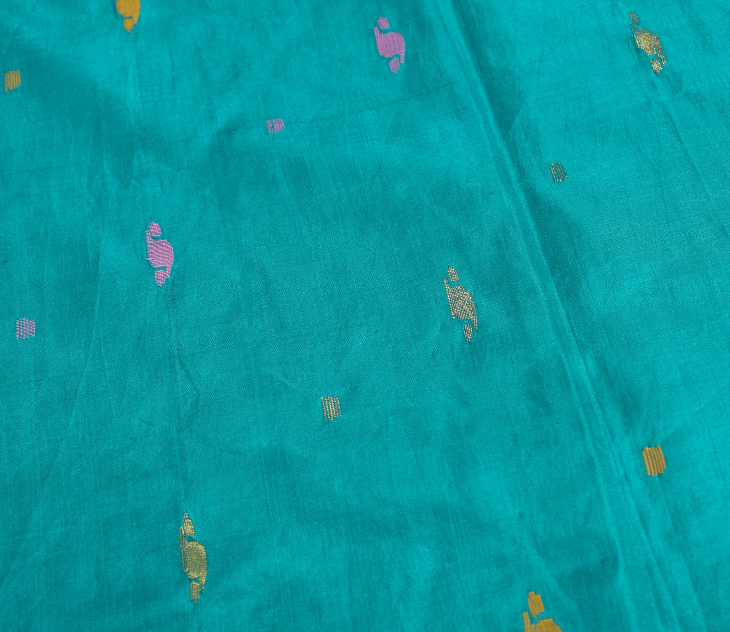 Sushila Vintage Tant Woven Sari Remnant Scrap Teal Blue Pure Silk Craft Fabric