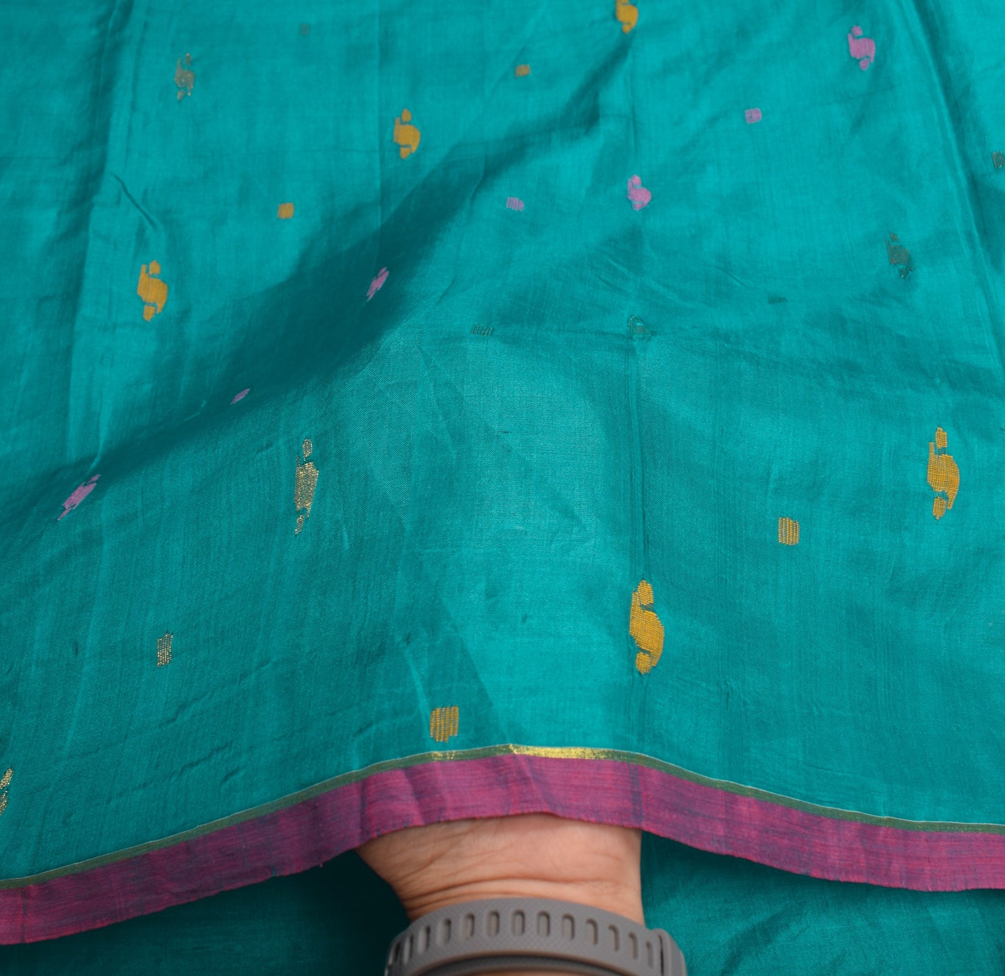Sushila Vintage Tant Woven Sari Remnant Scrap Teal Blue Pure Silk Craft Fabric