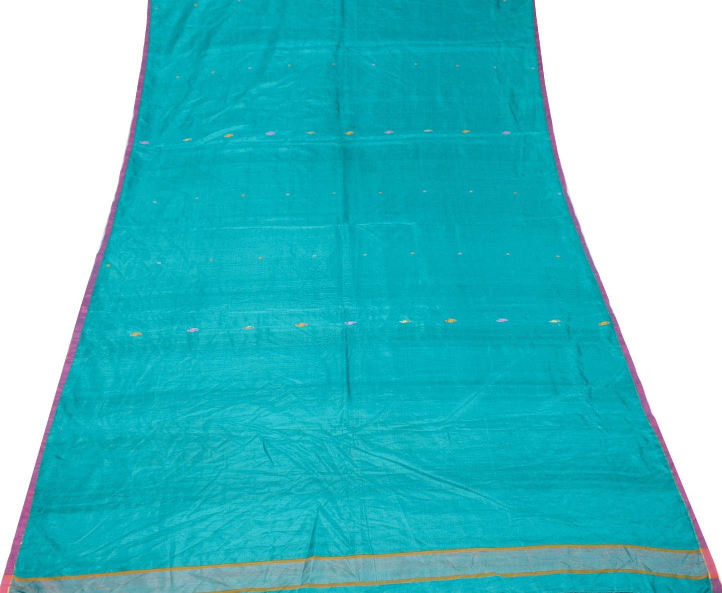 Sushila Vintage Tant Woven Sari Remnant Scrap Teal Blue Pure Silk Craft Fabric