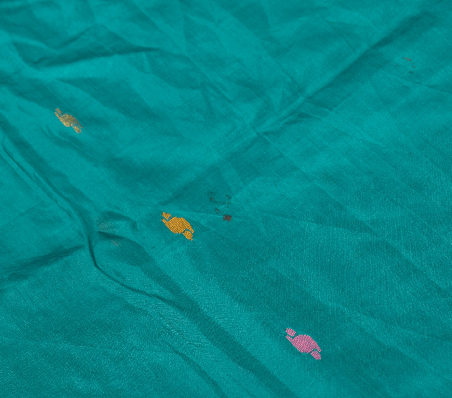 Sushila Vintage Tant Woven Sari Remnant Scrap Teal Blue Pure Silk Craft Fabric
