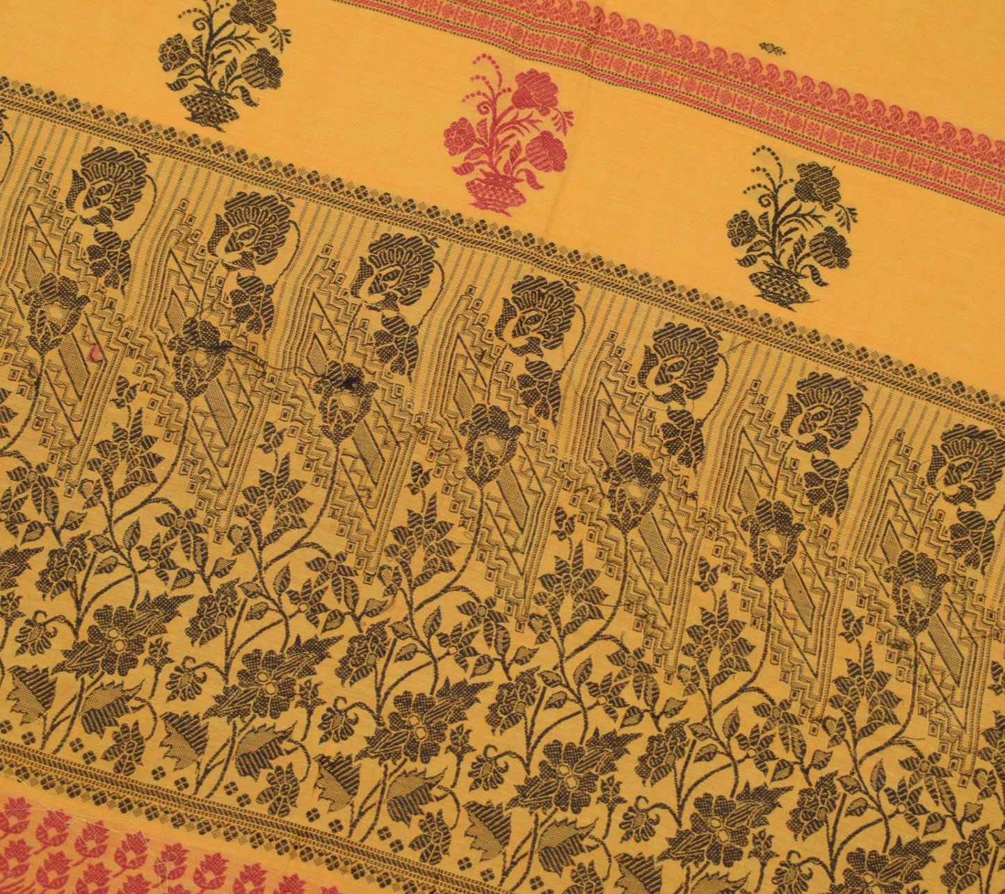 Sushila Vintage Yellow Sari Remnant Scrap Pure Cotton Hand Woven Craft Fabric