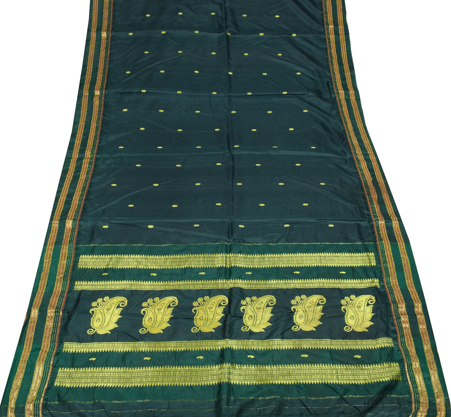 Sushila Vintage Dark Green Sari Remnant Scrap Hand Woven Pure Silk Craft Fabric