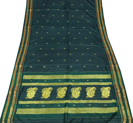 Sushila Vintage Dark Green Sari Remnant Scrap Hand Woven Pure Silk Craft Fabric