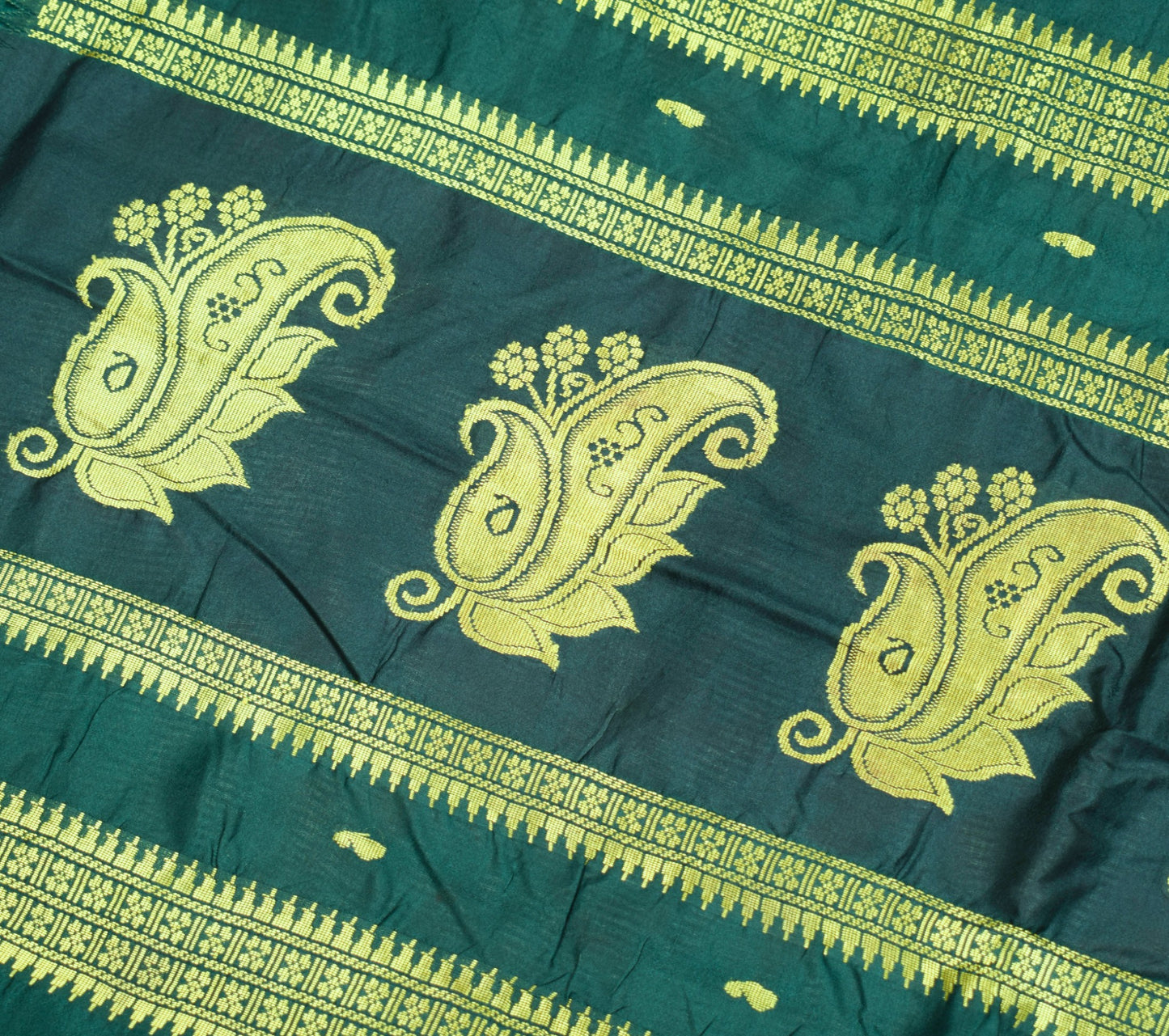 Sushila Vintage Dark Green Sari Remnant Scrap Hand Woven Pure Silk Craft Fabric