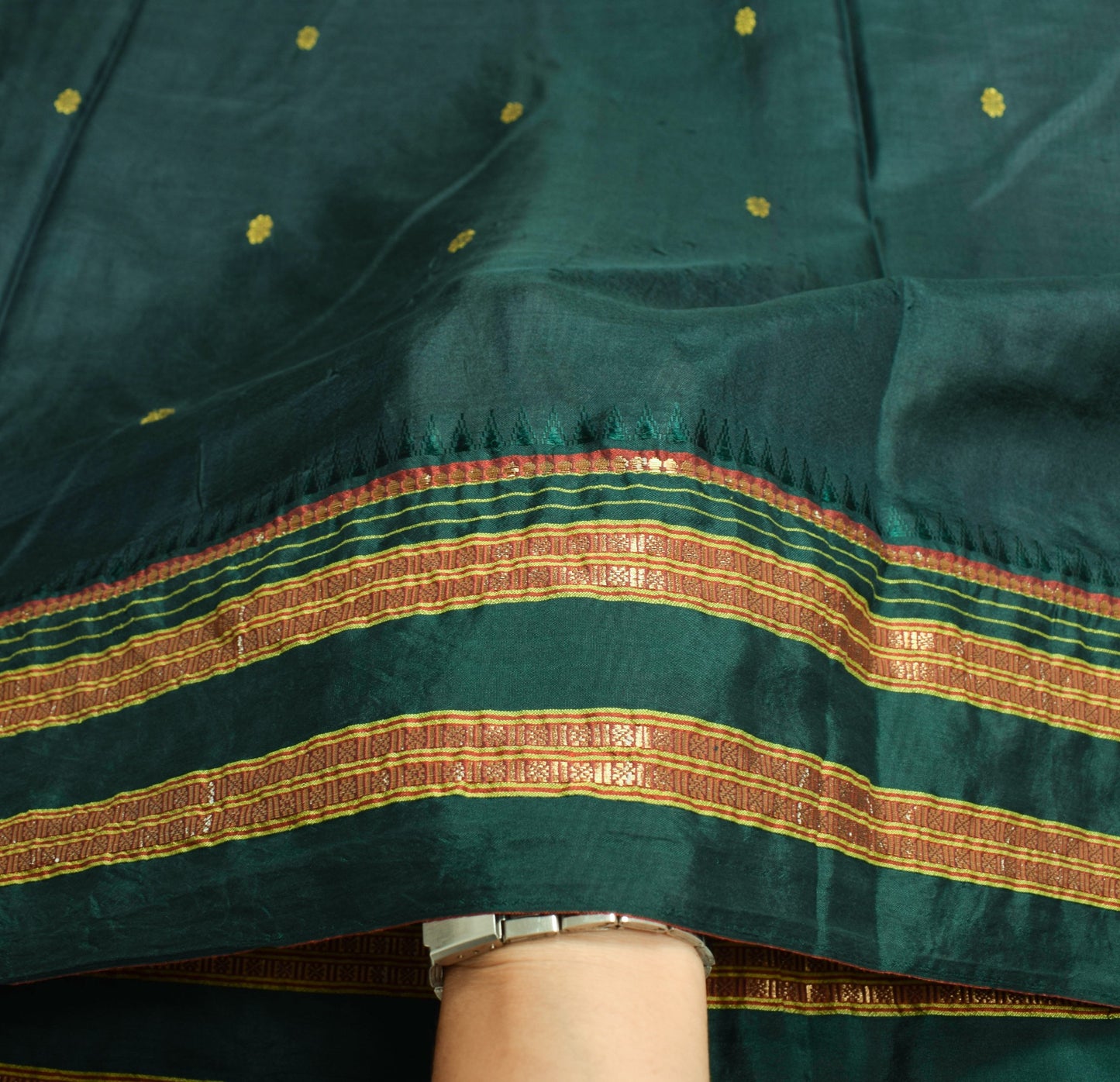 Sushila Vintage Dark Green Sari Remnant Scrap Hand Woven Pure Silk Craft Fabric