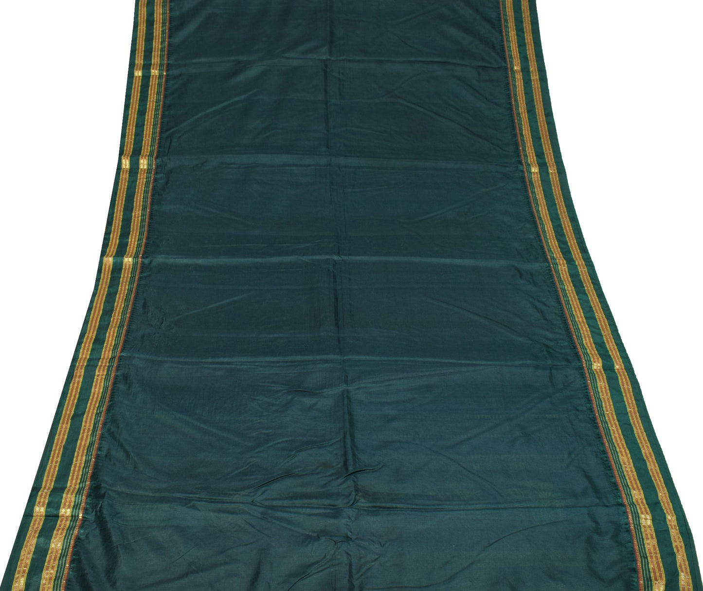 Sushila Vintage Dark Green Sari Remnant Scrap Hand Woven Pure Silk Craft Fabric