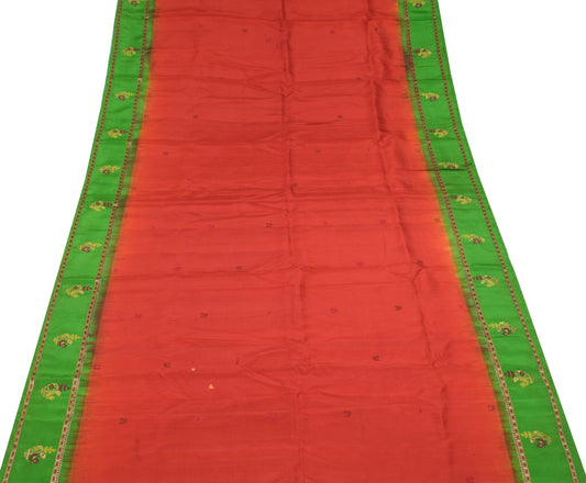Sushila Vintage Orange Sari Remnant Scrap Pure Silk Hand Woven Soft Craft Fabric