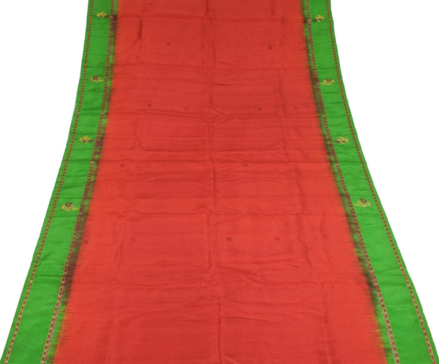 Sushila Vintage Orange Sari Remnant Scrap Pure Silk Hand Woven Soft Craft Fabric
