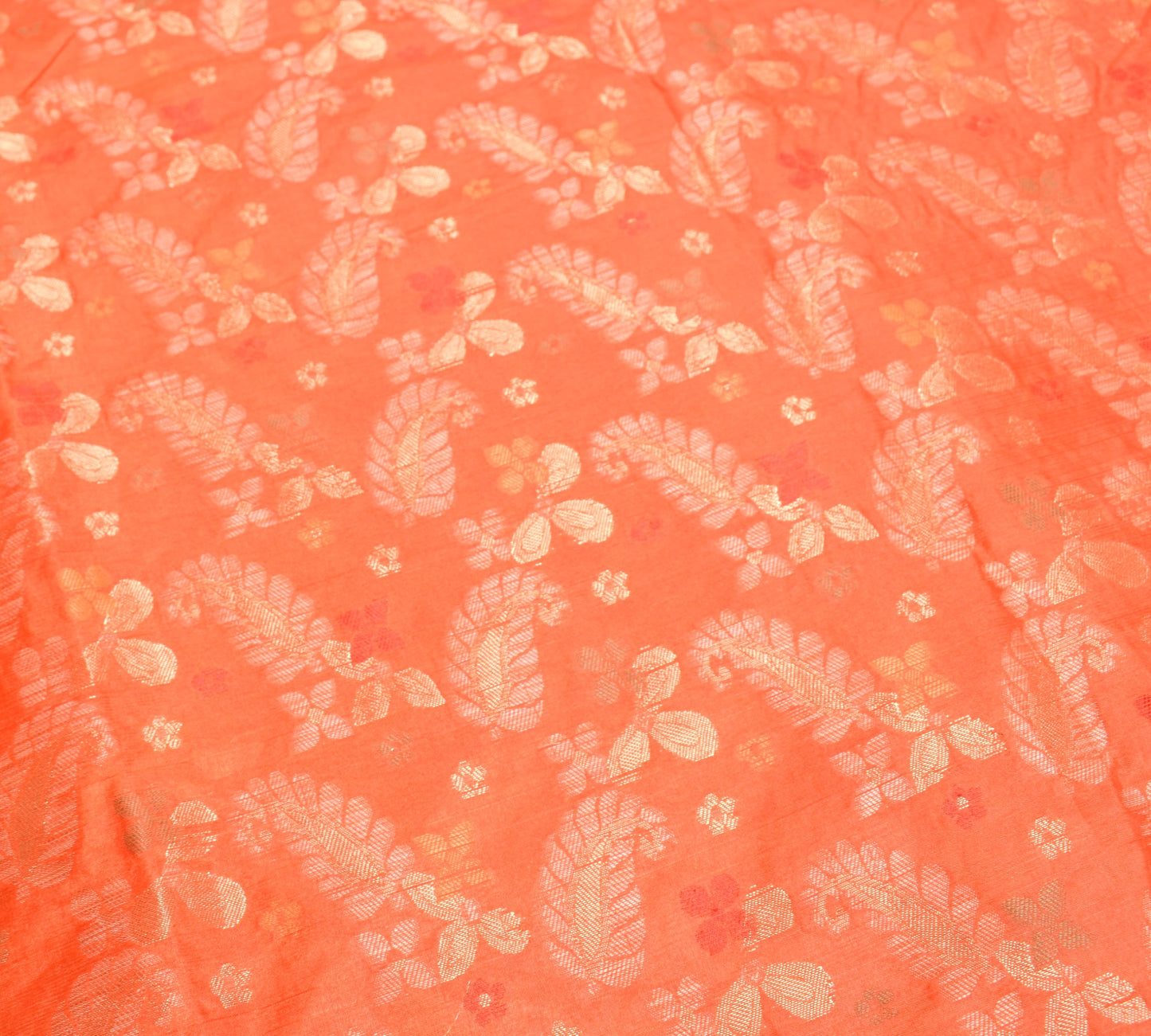Sushila Vintage Orange Sari Remnant Scrap Floral Woven Art Silk Craft Fabric