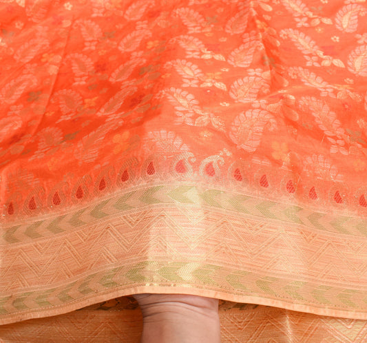 Sushila Vintage Orange Sari Remnant Scrap Floral Woven Art Silk Craft Fabric