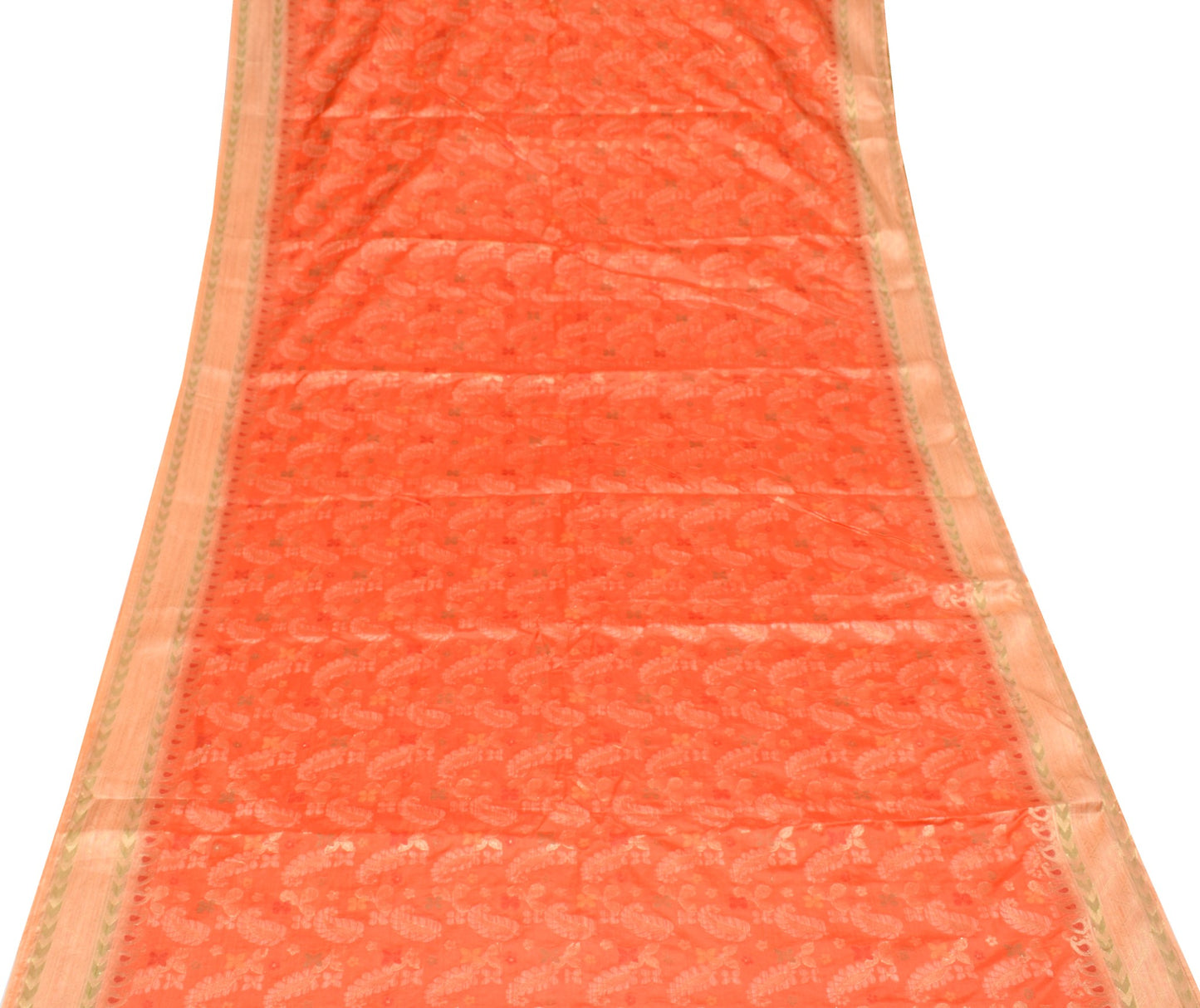 Sushila Vintage Orange Sari Remnant Scrap Floral Woven Art Silk Craft Fabric