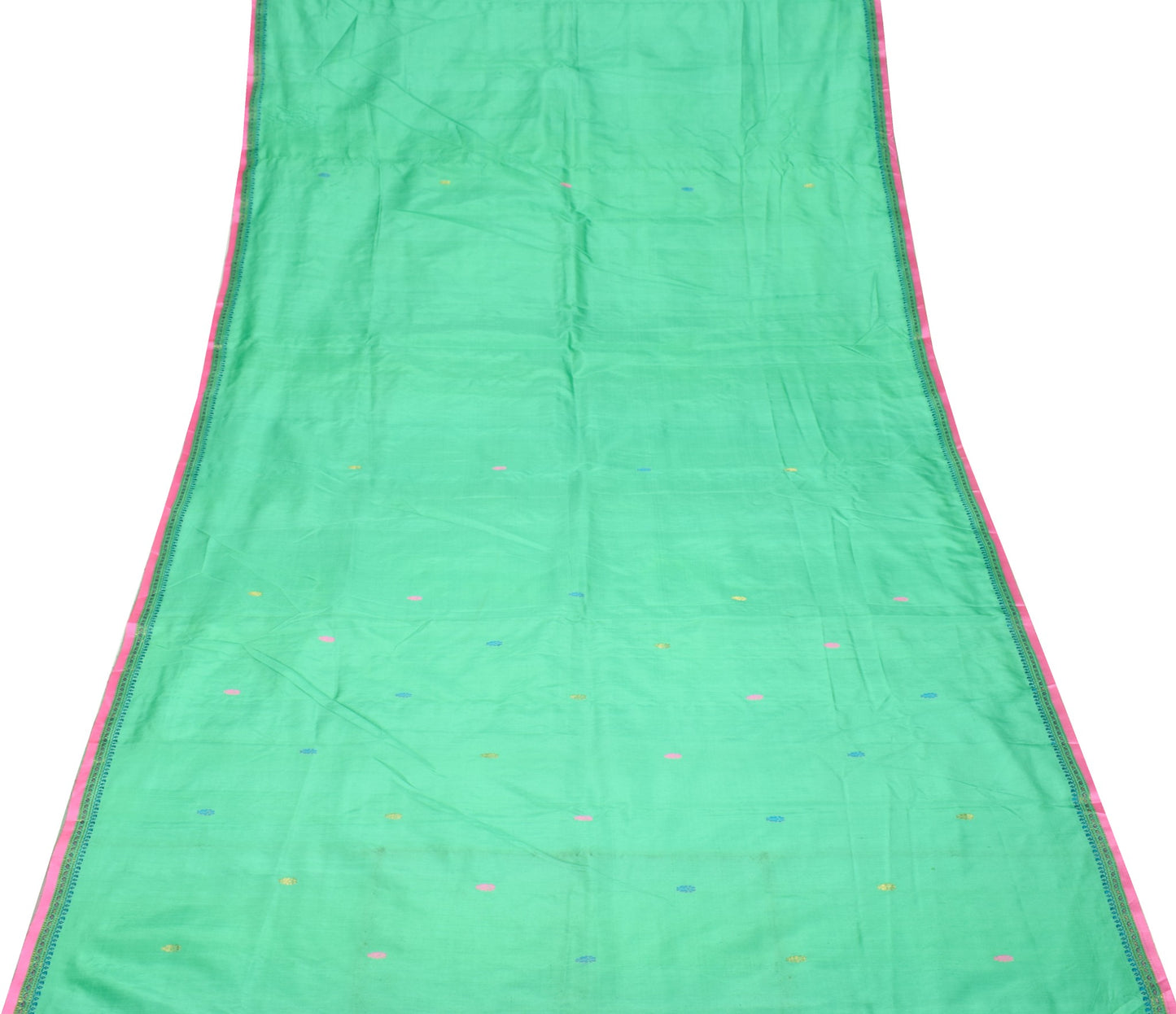 Sushila Vintage Hand Woven Green Sari Remnant Scrap Pure Silk Soft Craft Fabric