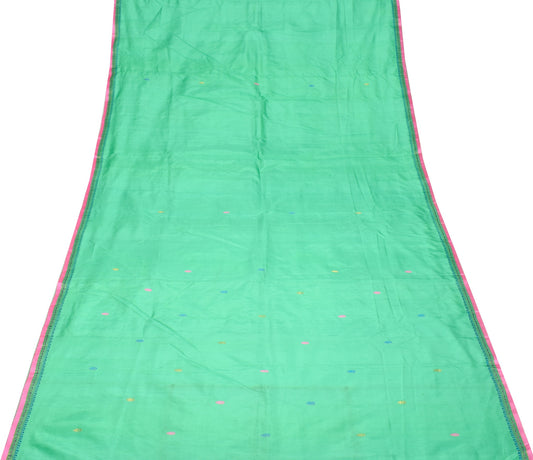 Sushila Vintage Hand Woven Green Sari Remnant Scrap Pure Silk Soft Craft Fabric