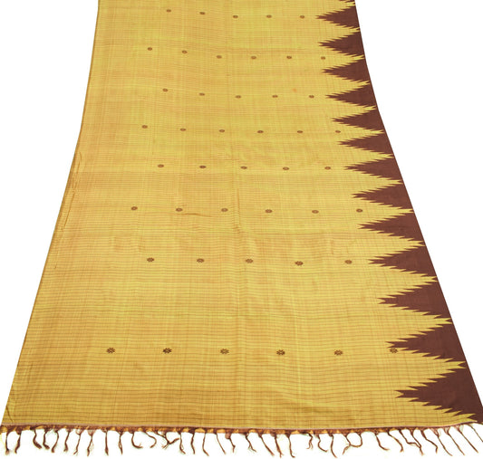 Sushila Vintage Yellow Sari Remnant Temple Border Woven Pure Silk Craft Fabric