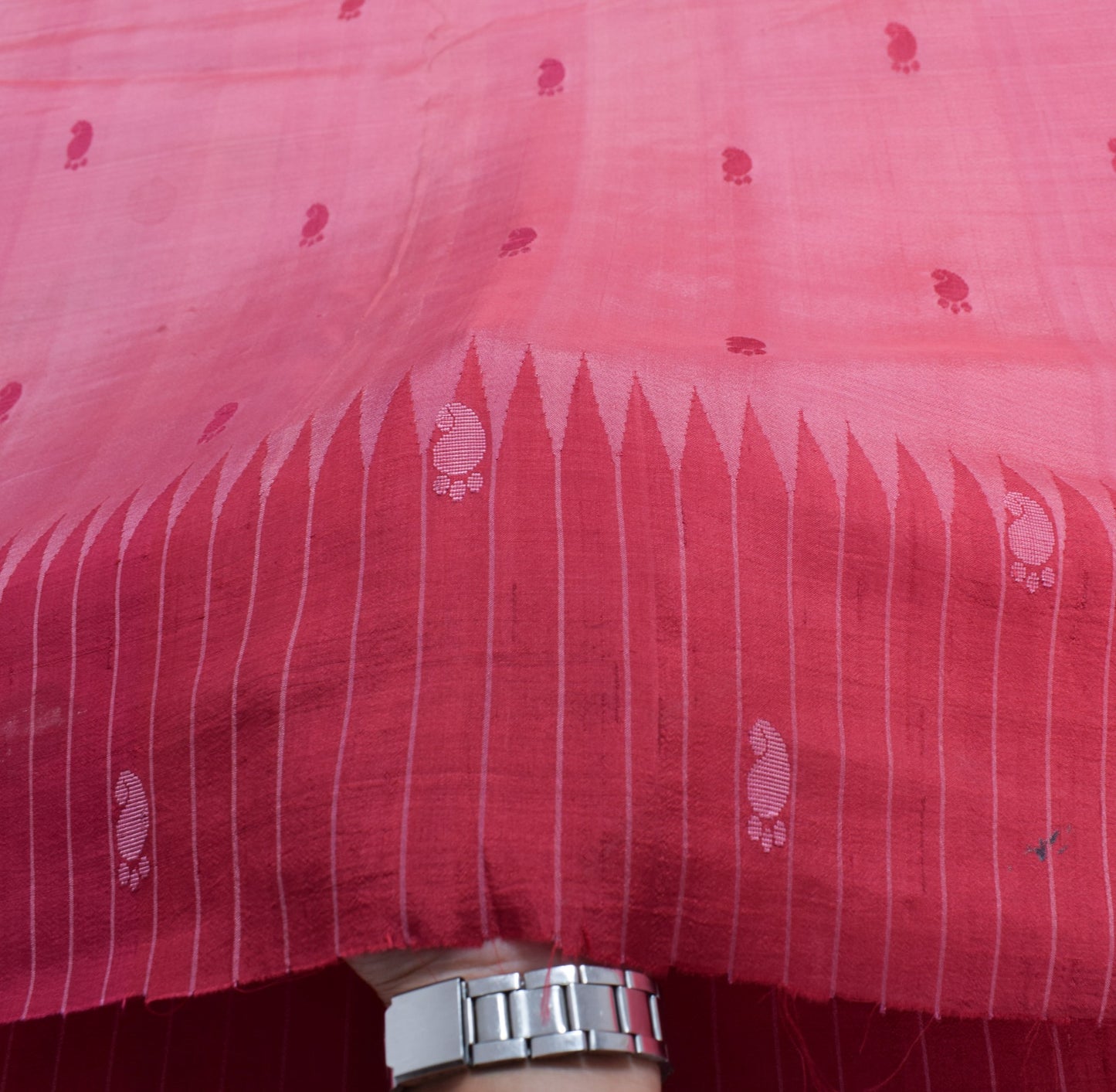 Sushila Vintage Pink Sari Remnant Scrap Paisley Woven PureSilk Soft Craft Fabric