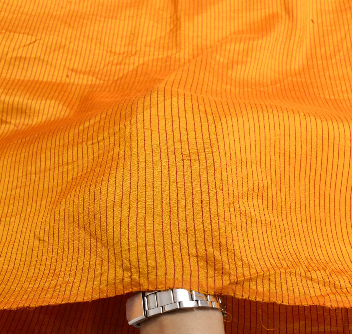 Sushila Vintage Yellow Sari Remnant Scrap Stripes Woven Pure Silk Craft Fabric