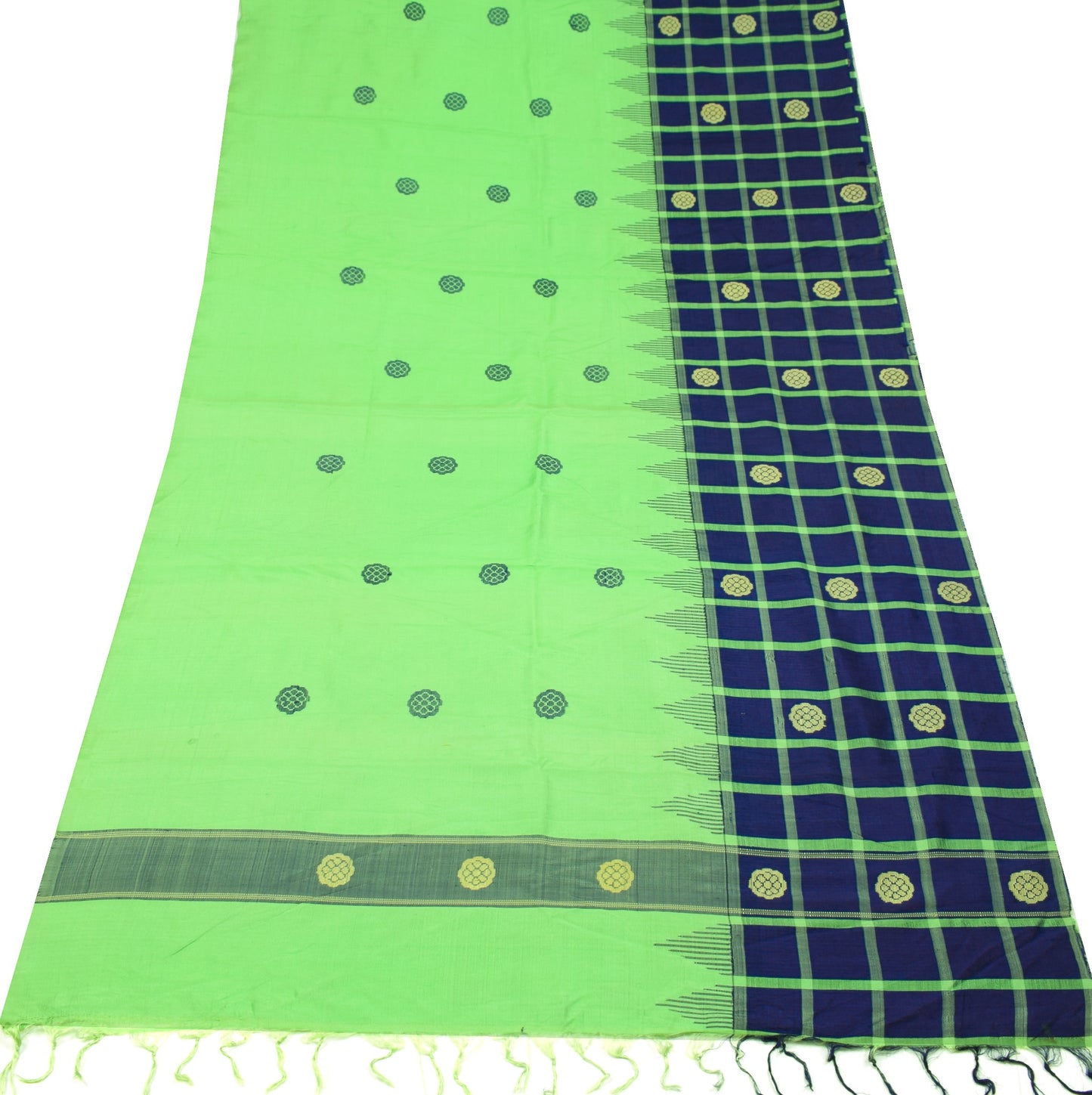 Sushila Vintage Hand Woven Sari Remnant Scrap Green Blue Pure Silk Craft Fabric