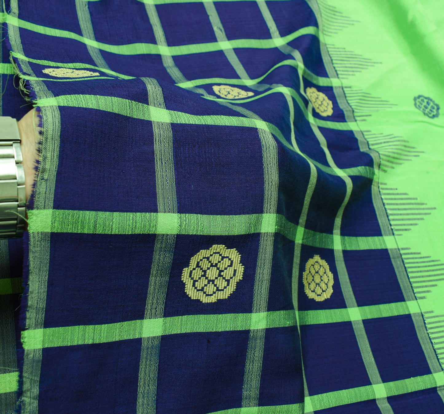 Sushila Vintage Hand Woven Sari Remnant Scrap Green Blue Pure Silk Craft Fabric