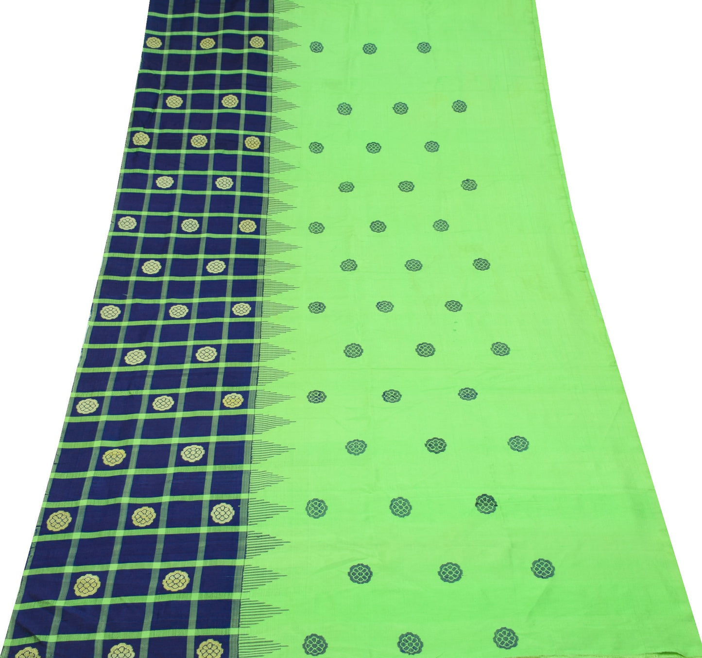 Sushila Vintage Hand Woven Sari Remnant Scrap Green Blue Pure Silk Craft Fabric