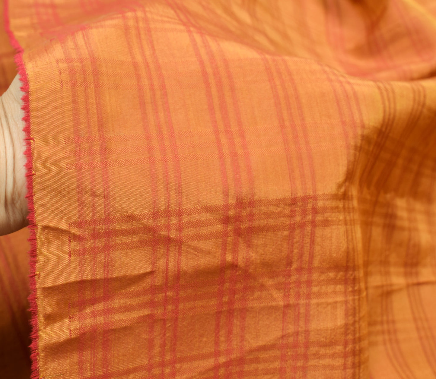 Sushila Vintage Mustard Checks Woven Sari Remnant Scrap Pure Silk Craft Fabric