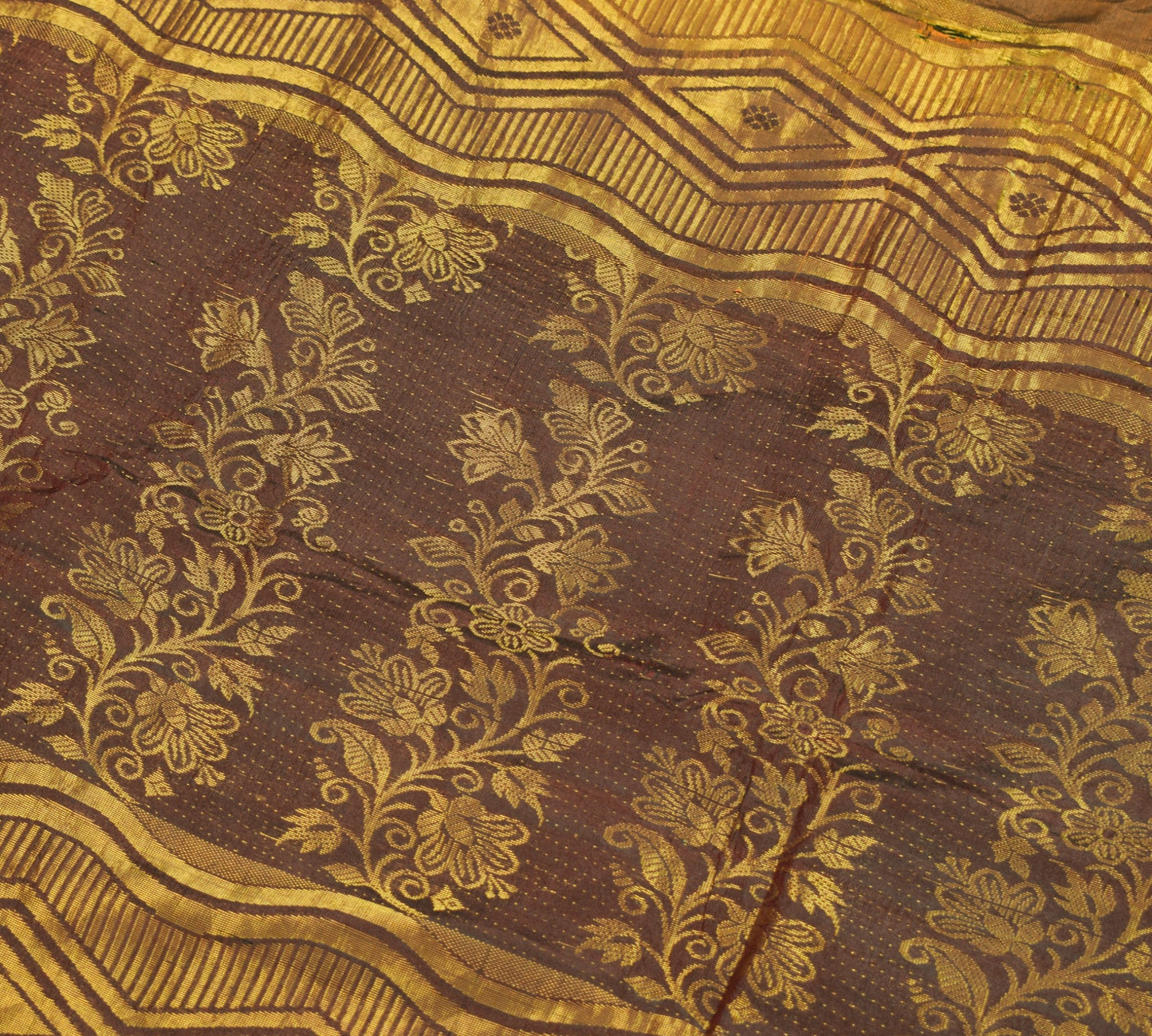 Sushila Vintage Orange Sari Remnant Scrap Woven Pure Silk Floral Craft Fabric