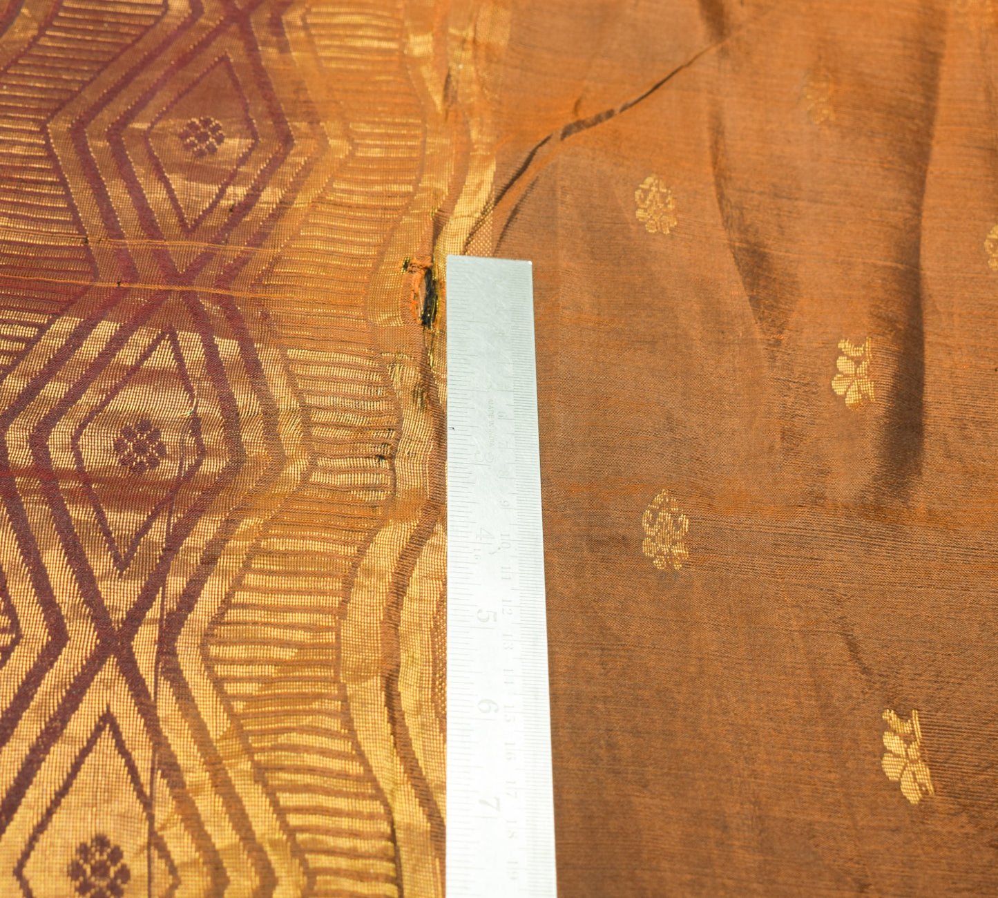 Sushila Vintage Orange Sari Remnant Scrap Woven Pure Silk Floral Craft Fabric